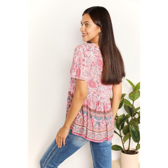 Double Take Bohemian Decorative Button Tie-Neck Peplum Blouse - Picture 10 of 14